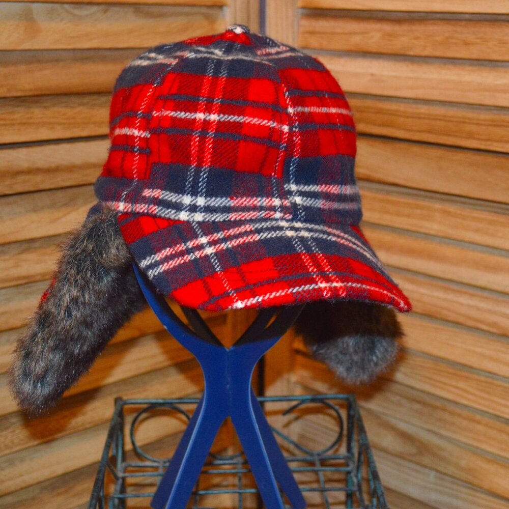 Vintage Crown Co. M/L Trapper Hat Red/Black Plaid Faux Fur